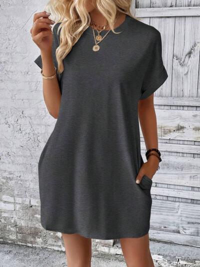 Round Neck Short Sleeve Mini Tee Dress with Pockets - Clothes For Her Online Store