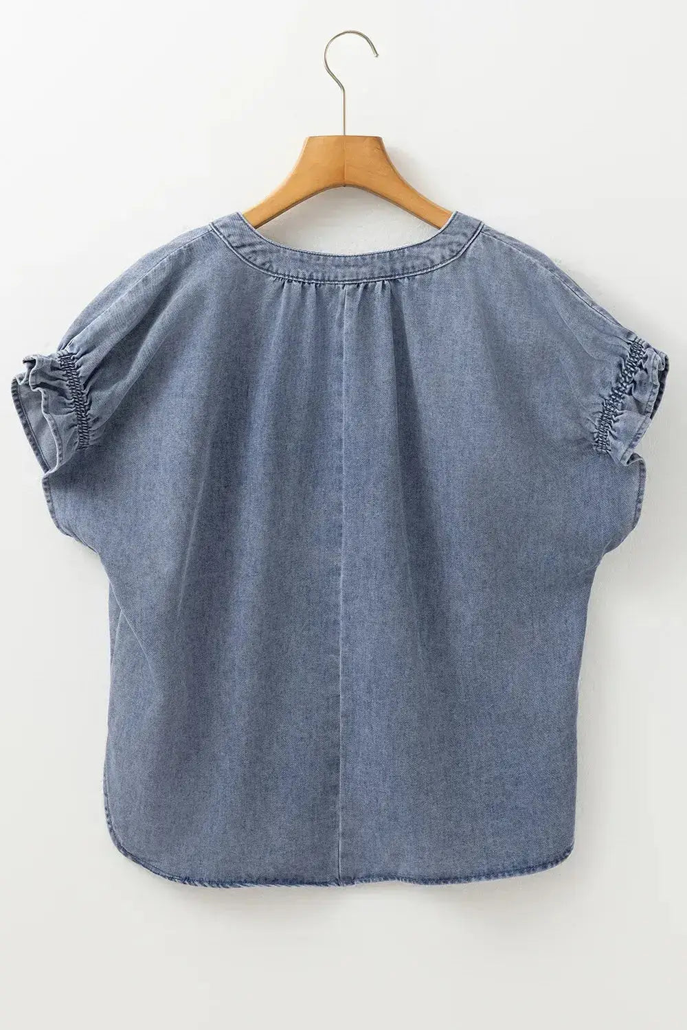 V Neck Ruffled Short Puff Sleeve Denim Top - Clothes For Her Online Store