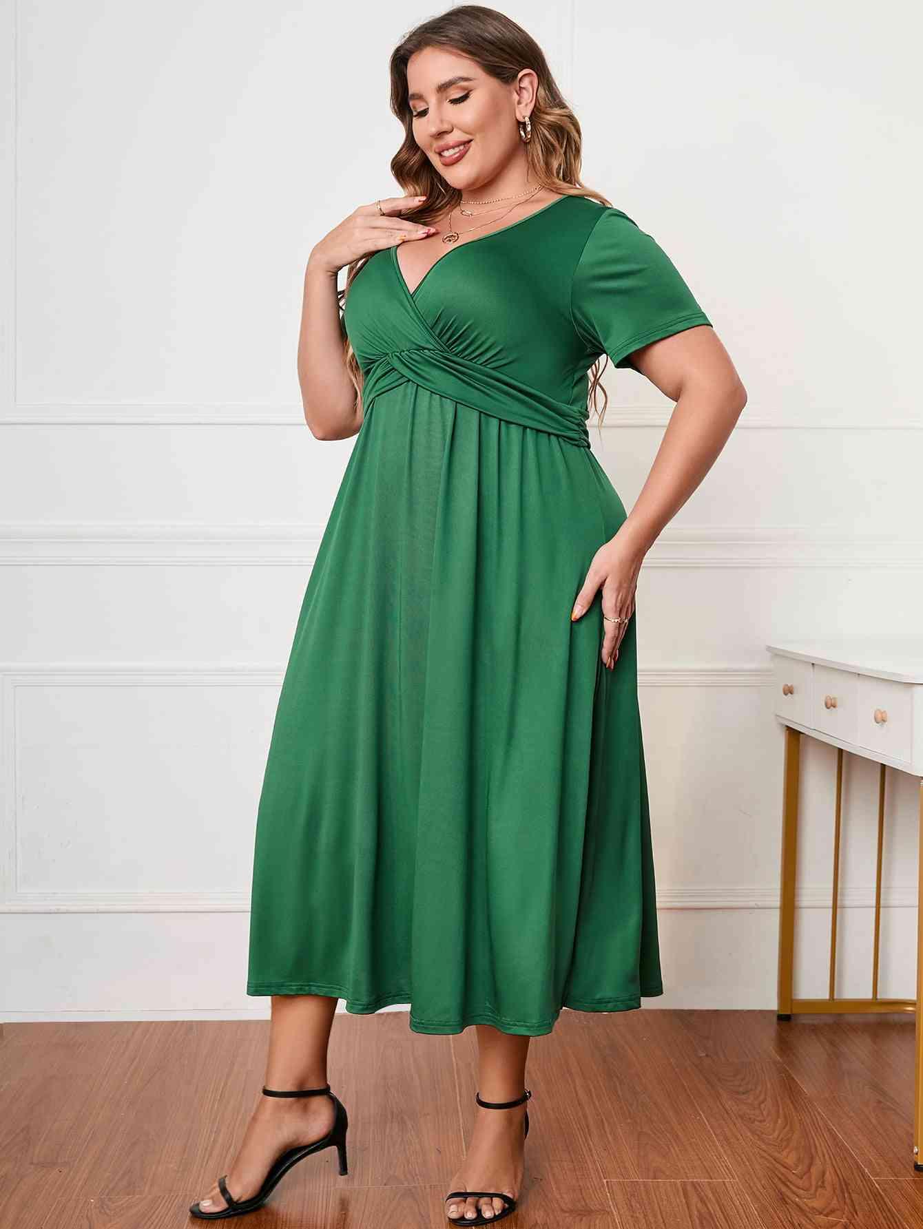 Honey Plus Size Short Sleeve Surplice Neck Midi Dress - Clothes For Her Online Store