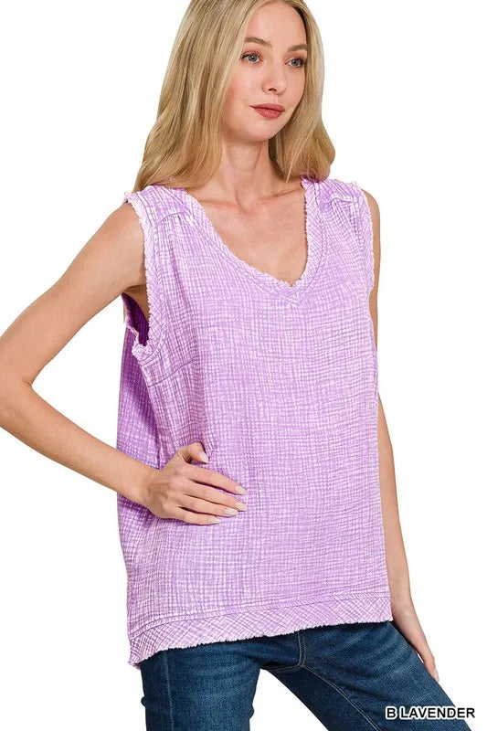 Zenana Double Gauze Raw Edge Acid Washed Tank