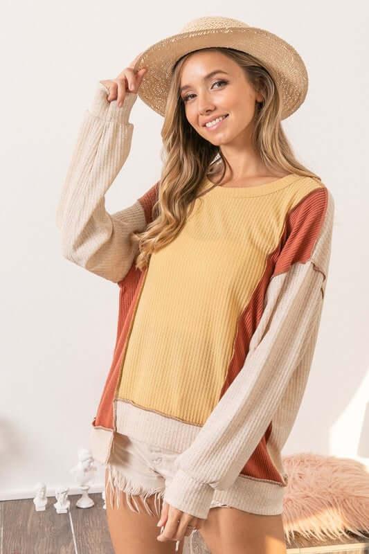 BiBi Waffle-Knit Exposed Seam Color Block Uneven Hem Top