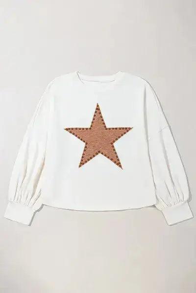 Plus Size Studded Star Round Neck Long Sleeve Blouse