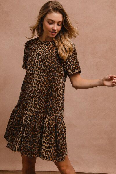 BiBi Tie Back Leopard Round Neck Short Sleeve Dress - Clothes For Her Online Store