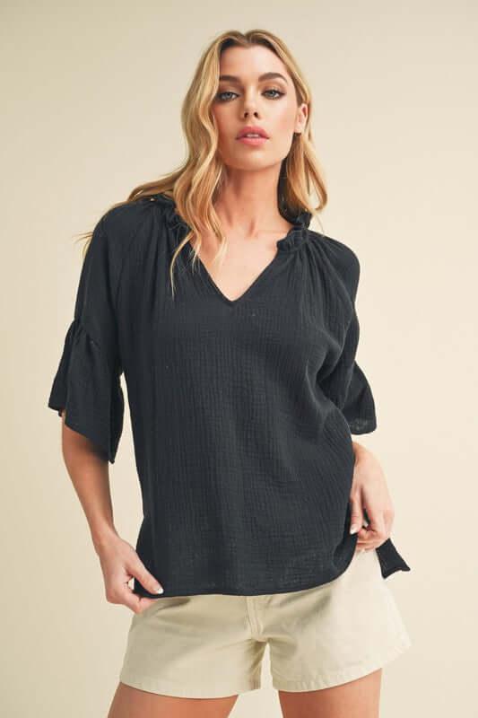 Aemi + Co Side Slit Notched Ruffled Half Sleeve Blouse