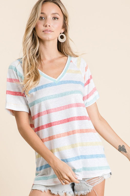 BiBi Striped V-Neck Short Sleeve T-Shirt - Clothes For Her Online Store