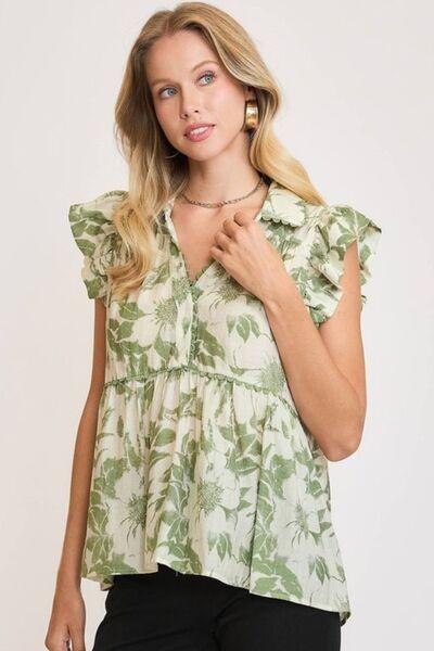 Umgee Full Size Botanical Print Babydoll Top Plus Size