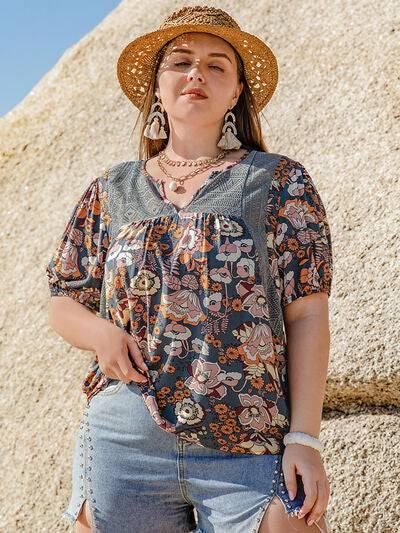 Plus Size Printed Notched Half Sleeve Blouse - Clothes For Her Online Store