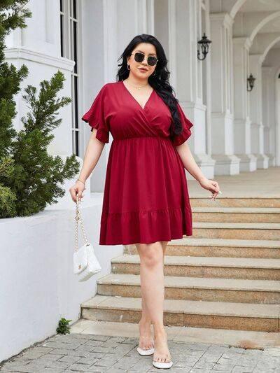 Plus Size Ruched Surplice Flounce Sleeve Mini Dress - Clothes For Her Online Store