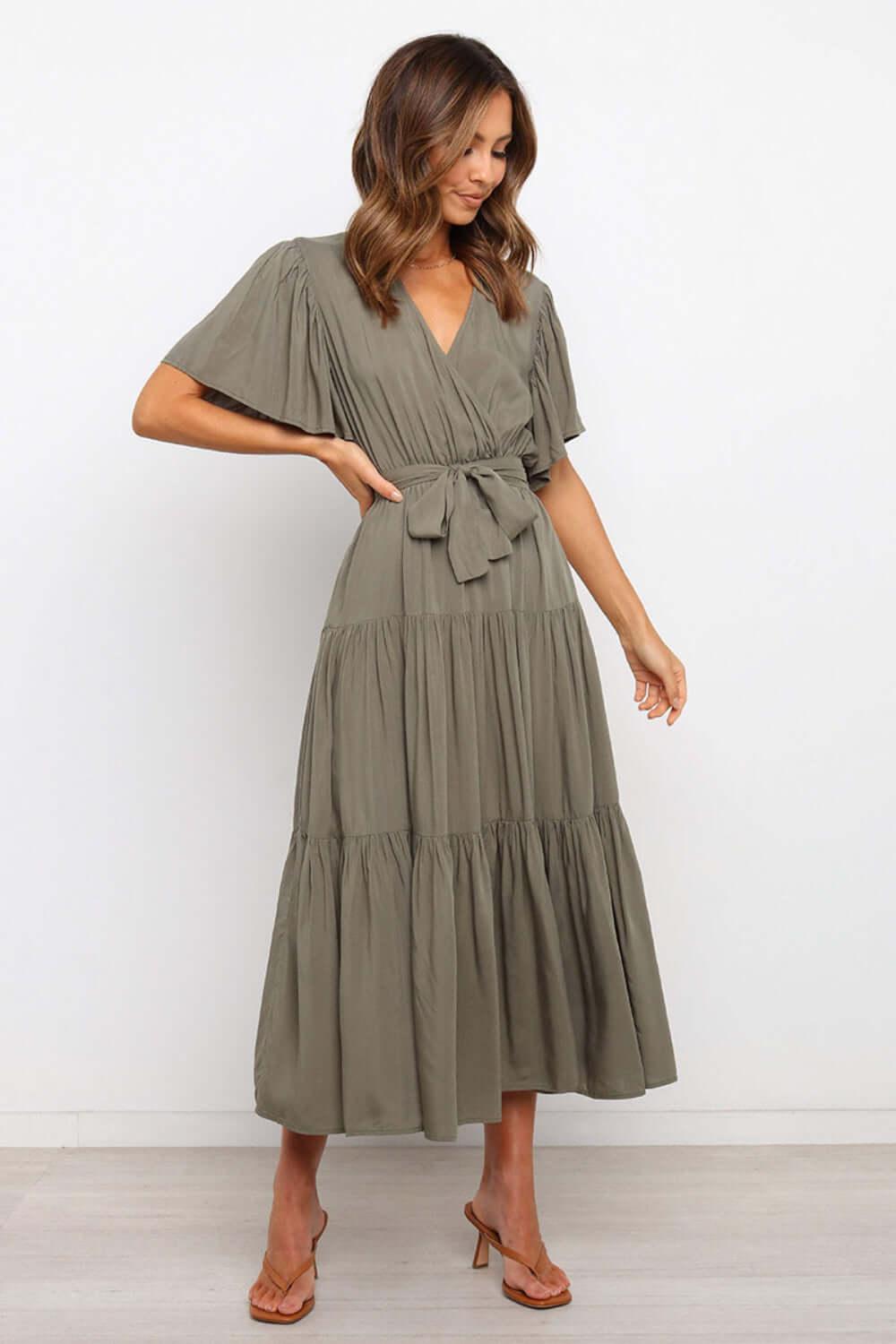 Tied Tiered Short Sleeve Midi Dress - Clothes For Her Online Store