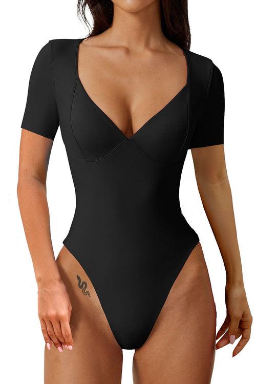 Women's Short Sleeve Bodysuit V Neck Body Suits Seamed Cup Going Out