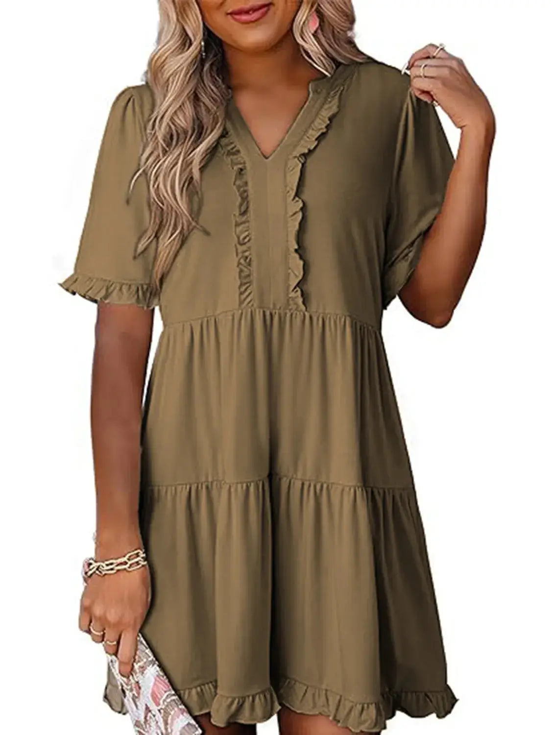 Tiered Notched Short Sleeve Mini Dress - Clothes For Her Online Store