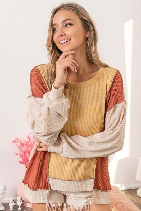 BiBi Waffle-Knit Exposed Seam Color Block Uneven Hem Top