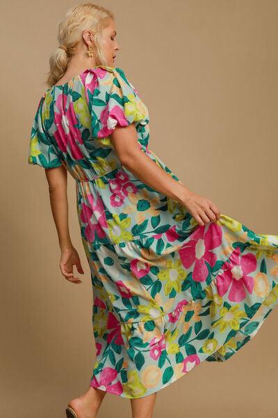 Umgee Full Size Tiered Floral Print Notched Puff Sleeve Midi Dress Plus Size - Clothes For Her Online Store
