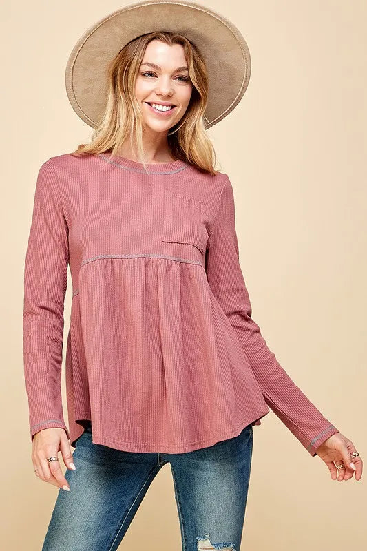 Lime 'N' Chili Waffle Knit Babydoll Top with Left Pocket Detail