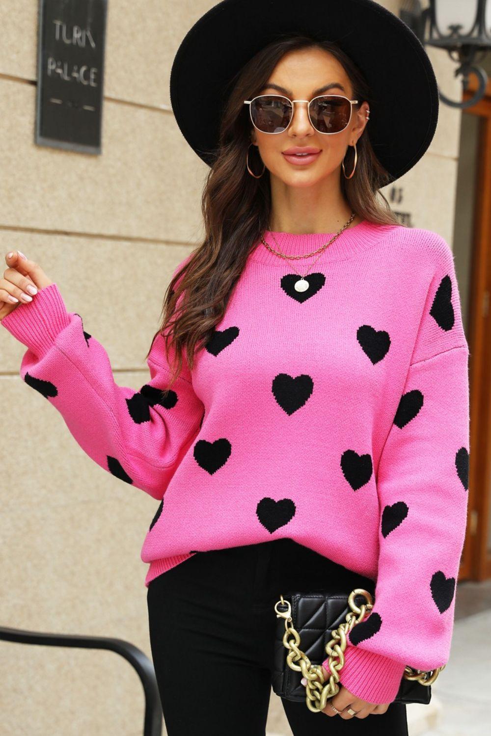 Woven Right Heart Pattern Lantern Sleeve Round Neck Tunic Sweater - Clothes For Her Online Store