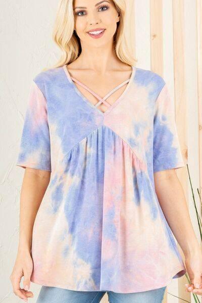 Heimish Full Size Crisscross Tie Dye Babydoll Top Plus Size