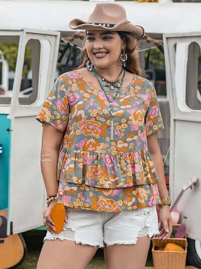 Plus Size Layered Printed Round Neck Short Sleeve Blouse - Clothes For Her Online Store