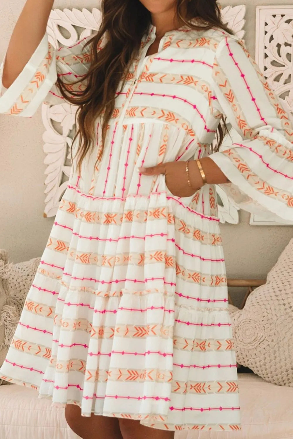 Printed Ruffled Notched Loose Dress