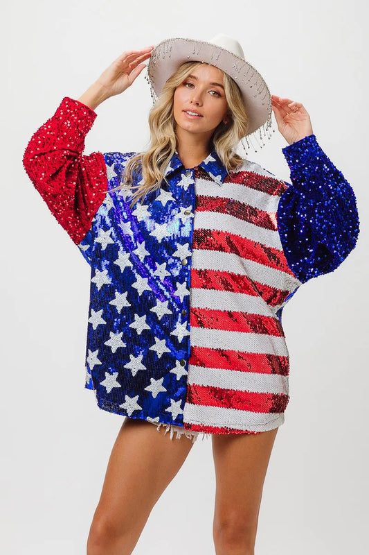 BiBi Velvet Sequin American Flag Shirt