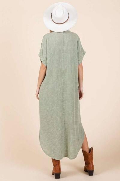 Mittoshop Mineral Wash V Neck Button Up Midi Shirt Dress