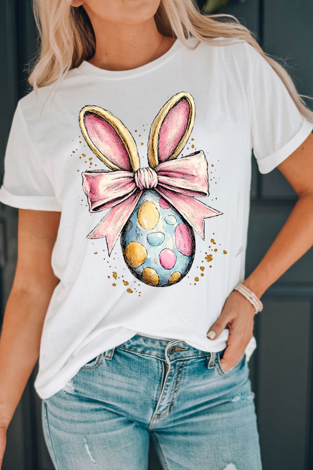 Easter Egg Bow Bunny Ear Graphic T-Shirt - Clothes For Her Online Store