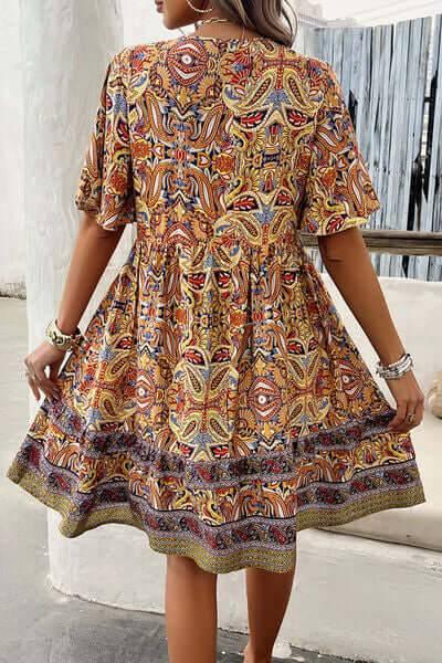 Devine Printed V-Neck Half Sleeve Mini Dress