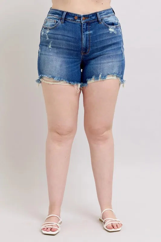 Judy Blue Plus Size 2 Button Dad Shorts with Destrroy