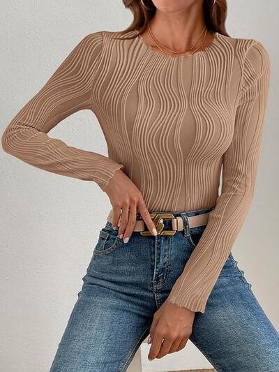 Textured Round Neck Long Sleeve Top