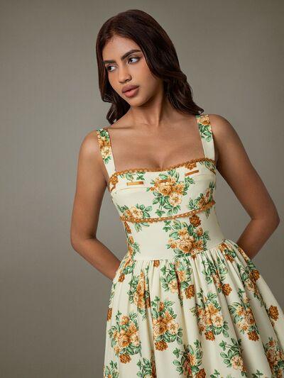 Lace Trim Floral Sleeveless Midi Dress