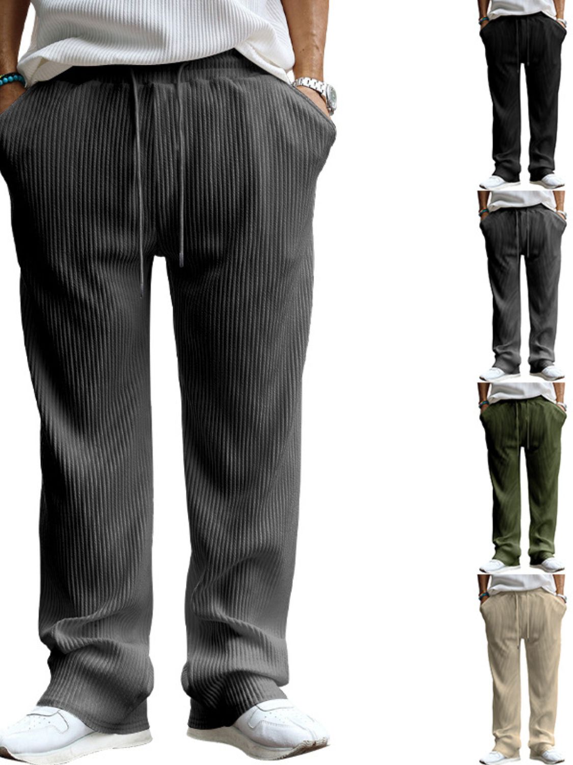 Men's Full Size Ribbed Drawstring Wide Leg Pants with Plus Size