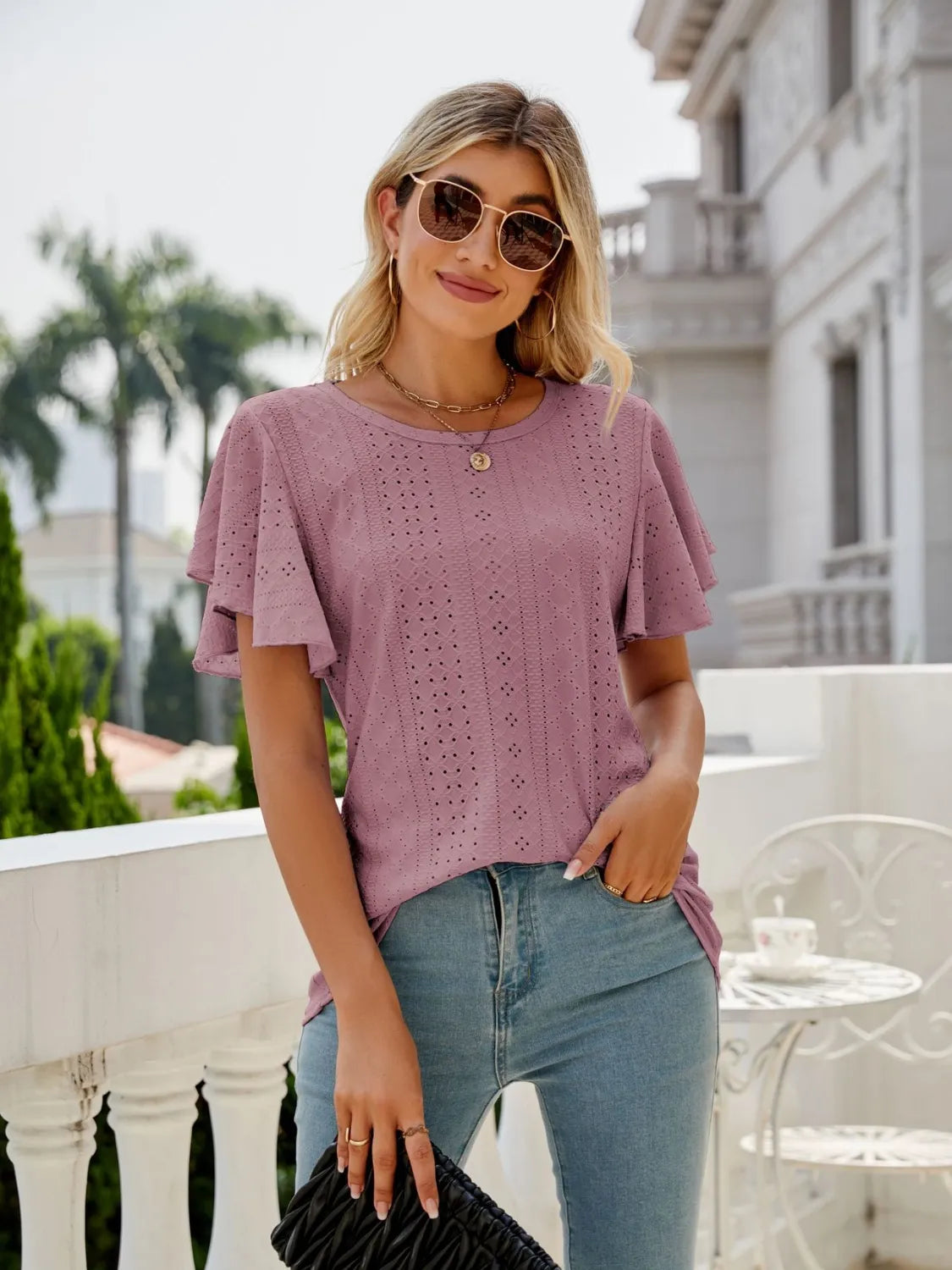 Round Neck Flutter Sleeve T-Shirt