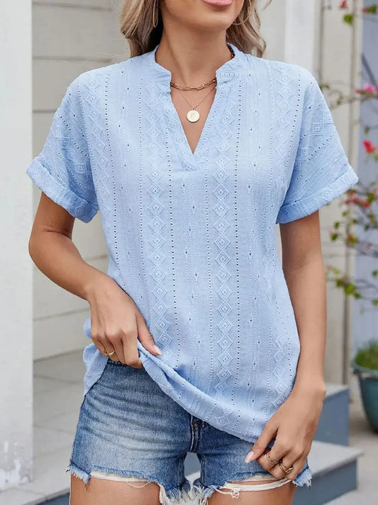 Eyelet Notched Short Sleeve Top - Clothes For Her Online Store