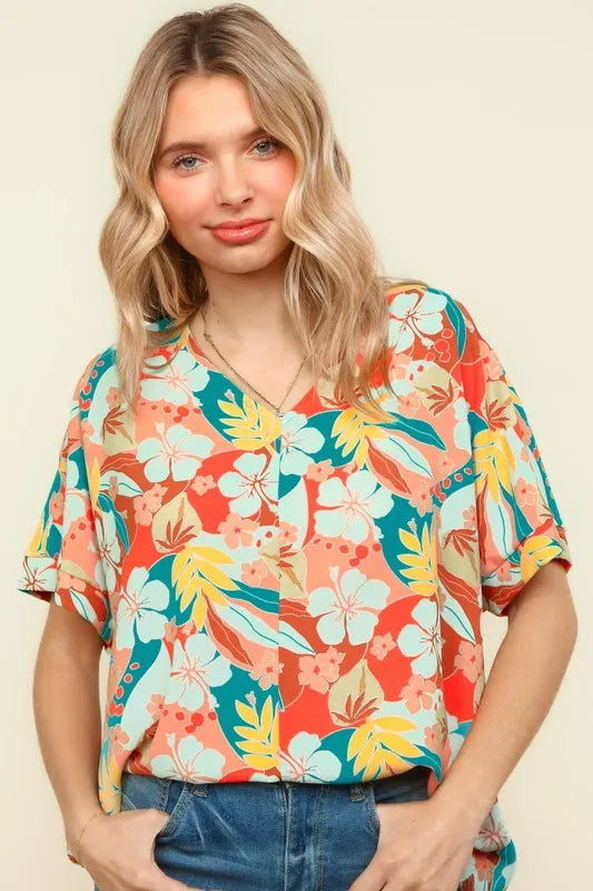 Haptics V Neck Drop Shoulder Hawaiian Woven Top