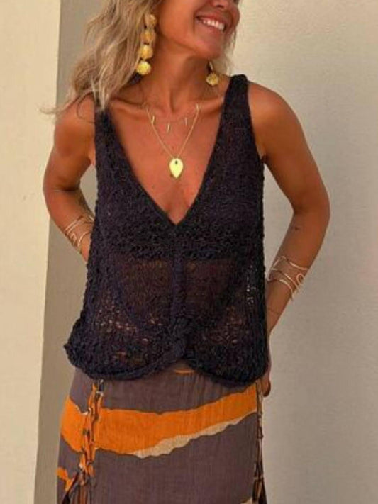 Openwork V-Neck Tank - Clothes For Her Online Store