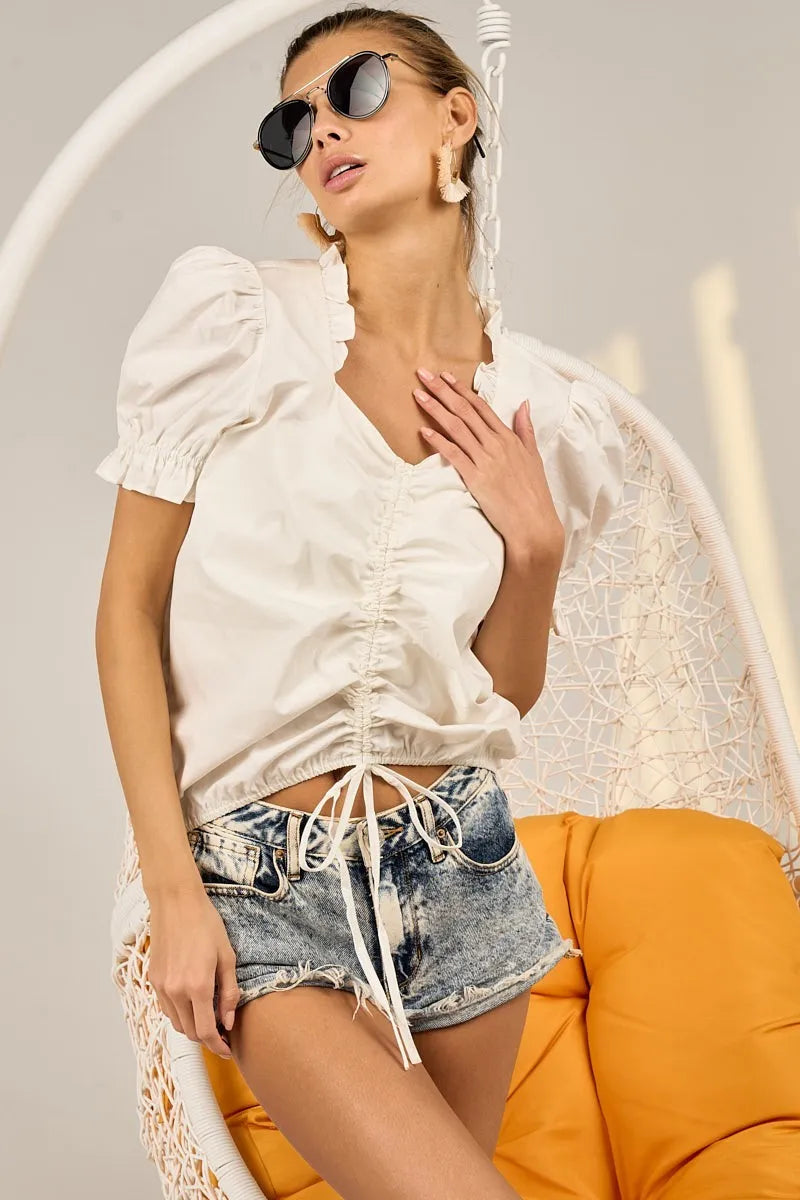 BiBi Ruffled Square Neck With Front Ruched Puff Sleeve