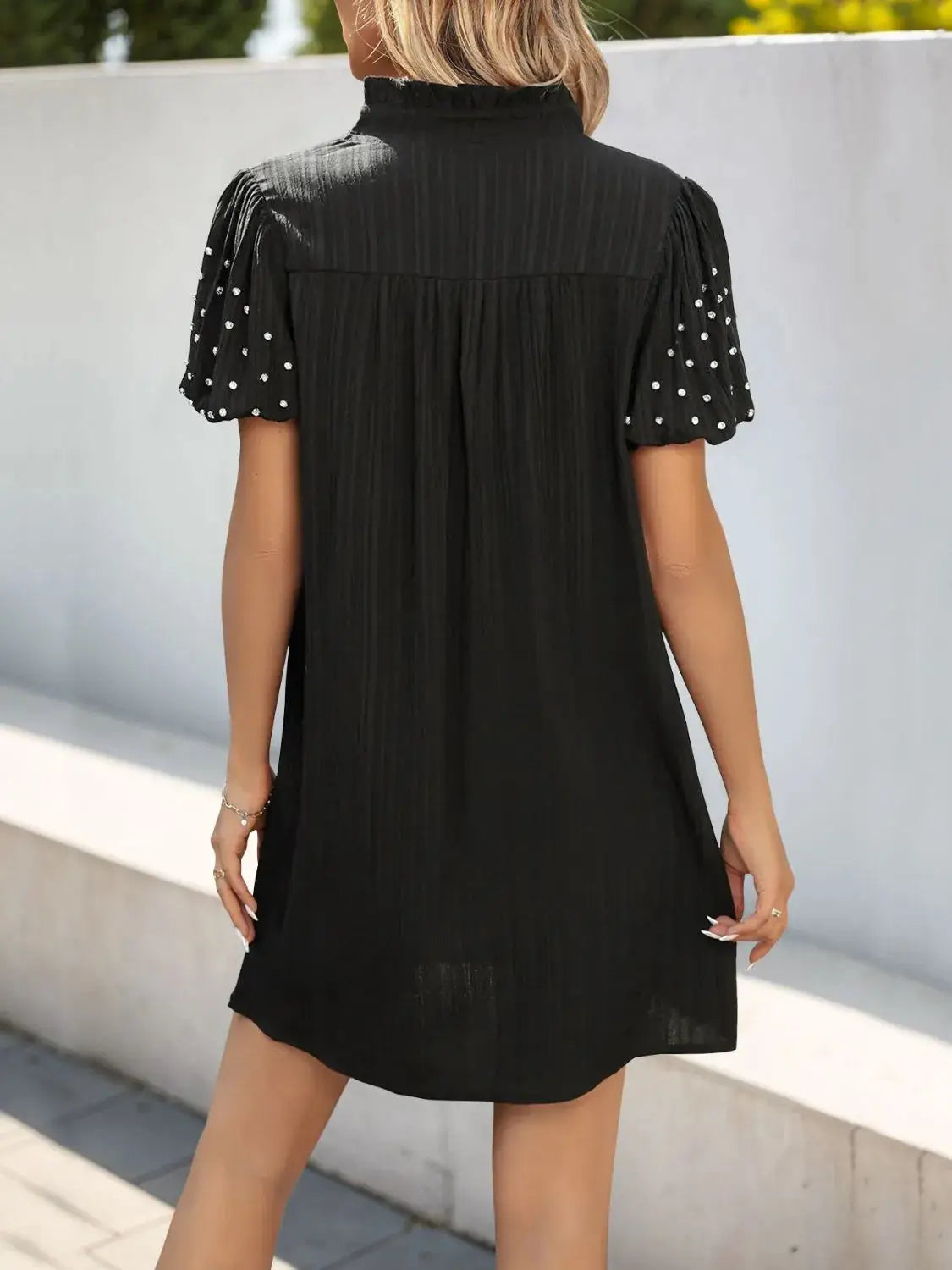 Textured V-Neck Short Sleeve Mini Dress - Clothes For Her Online Store