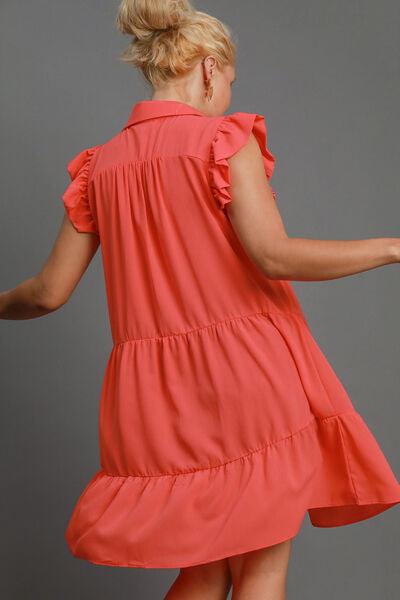 Umgee Full Size Johnny Collar Ruffle Cap Sleeve Tiered Dress Plus Size