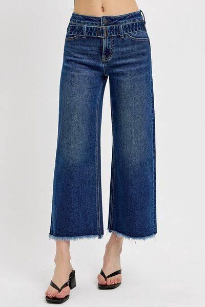 RISEN Raw Hem Wide Leg Attached Buckle Jeans - Clothes For Her Online Store