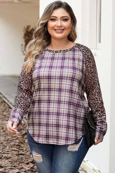 Plus Size Leopard Raglan Sleeve Plaid T-Shirt - Clothes For Her Online Store