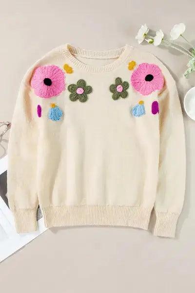 Plus Size Crochet Flower Round Neck Long Sleeve Sweater