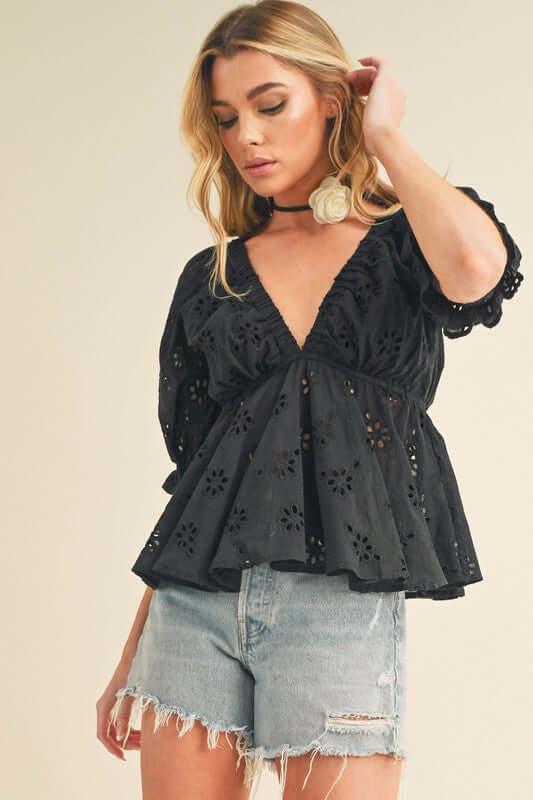 Aemi + Co Eyelet Embroidered V-Neck Half Sleeve Peplum Blouse