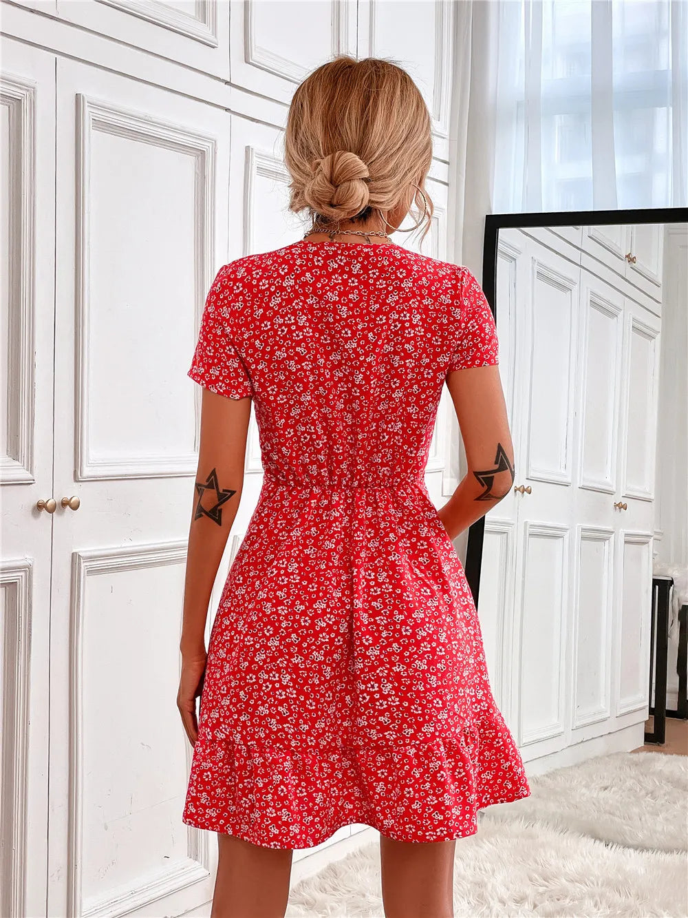 Printed Ruffled Hem V-Neck Short Sleeve Mini Dress