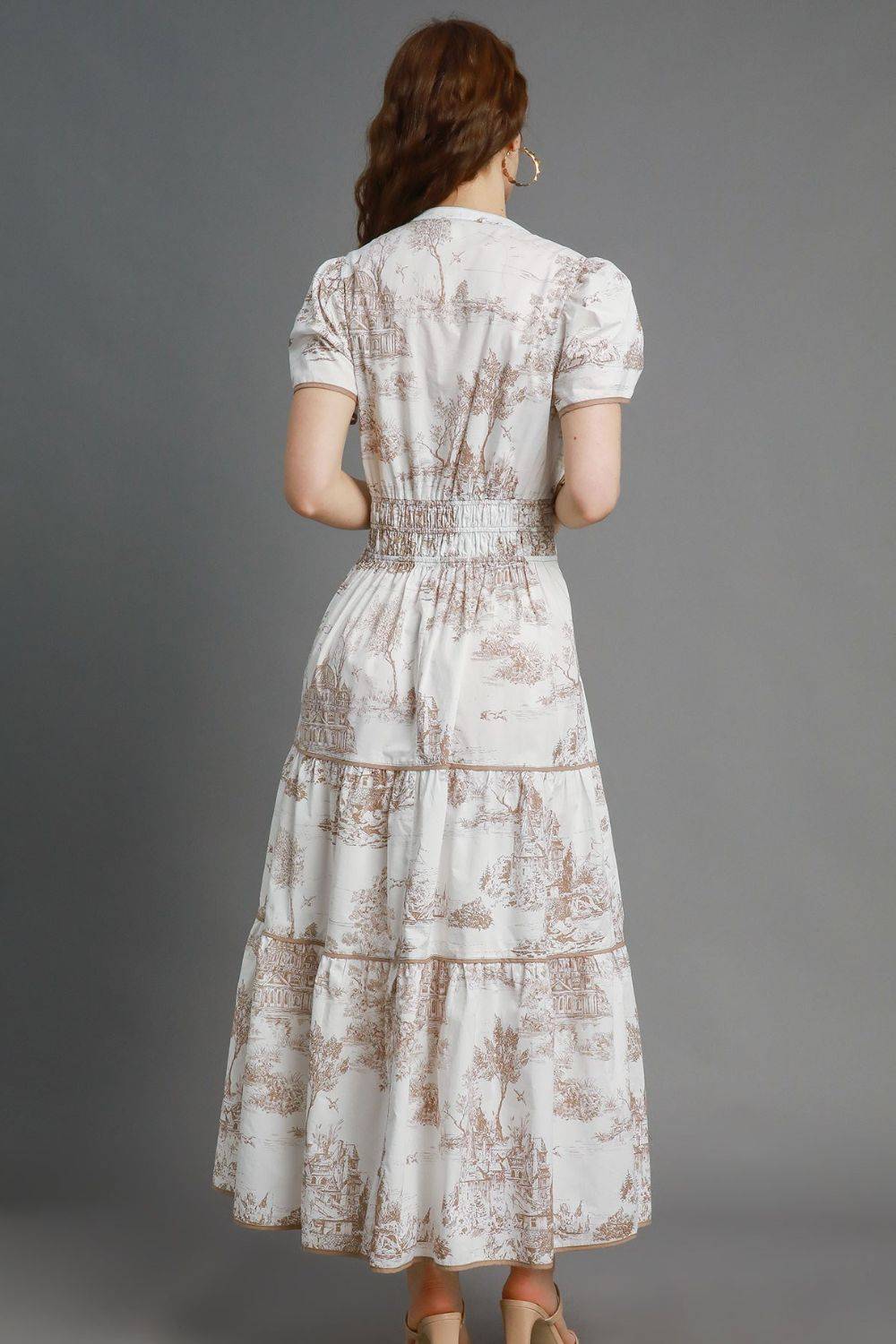 Umgee Full Size Landscape Print Short Sleeve Tiered Maxi Dress Plus Size - Clothes For Her Online Store