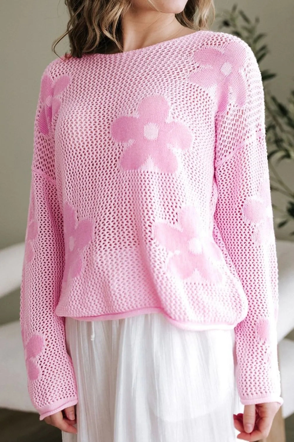 Openwork Round Neck Floral Knit Cover Up