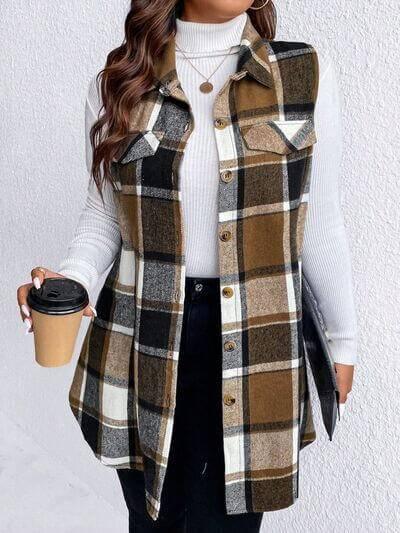 Honey Plus Size Pocketed Plaid Button Up Vest Coat - Clothes For Her Online Store