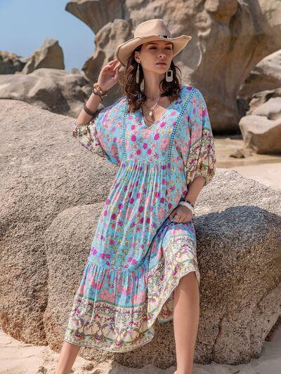 Printed Puff Sleeve Ruched Midi Dress