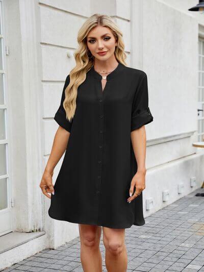 Notched Long Sleeve Mini Shirt Dress