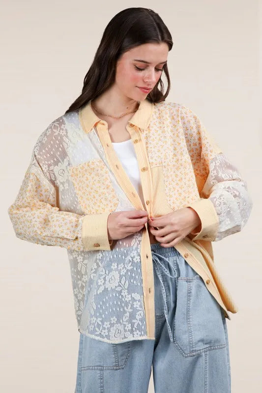 VERY J Plus Size Contrast Ribbed Knit Lace Shacket
