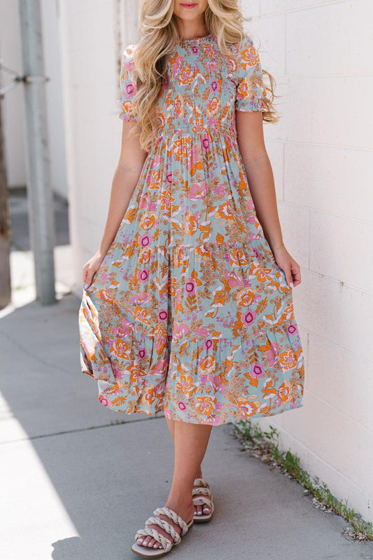 Floral Flounce Sleeve Round Neck Midi Dress - Clothes For Her Online Store