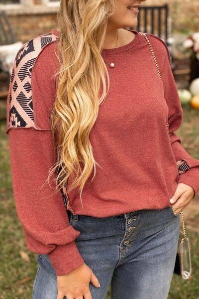 Plus Size Geometric Round Neck Long Sleeve Sweatshirt - Clothes For Her Online Store